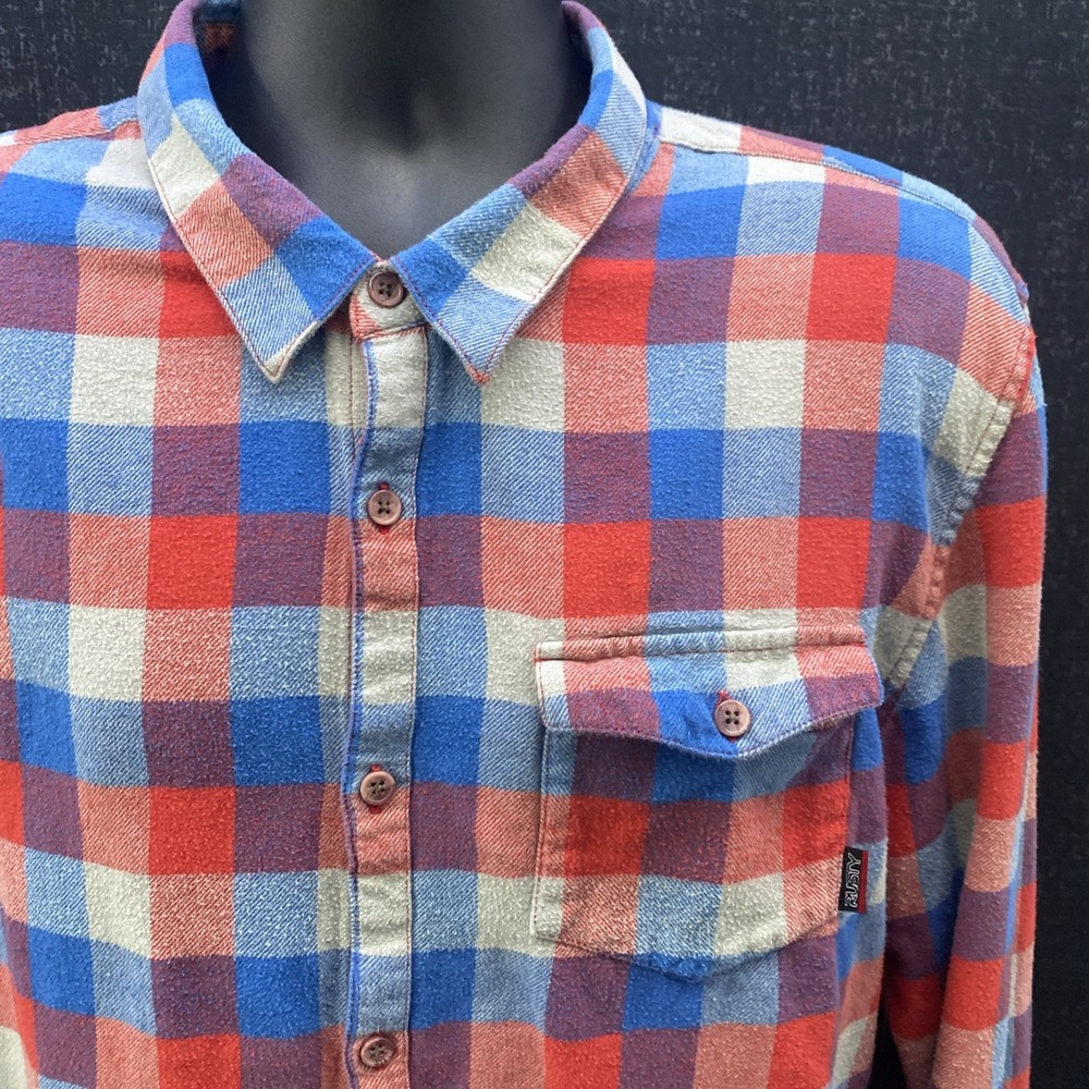 Rusty‎ Mens Flannel Shirt XL Red & Gray Plaid Check Button Down Long Sleeve LOGO